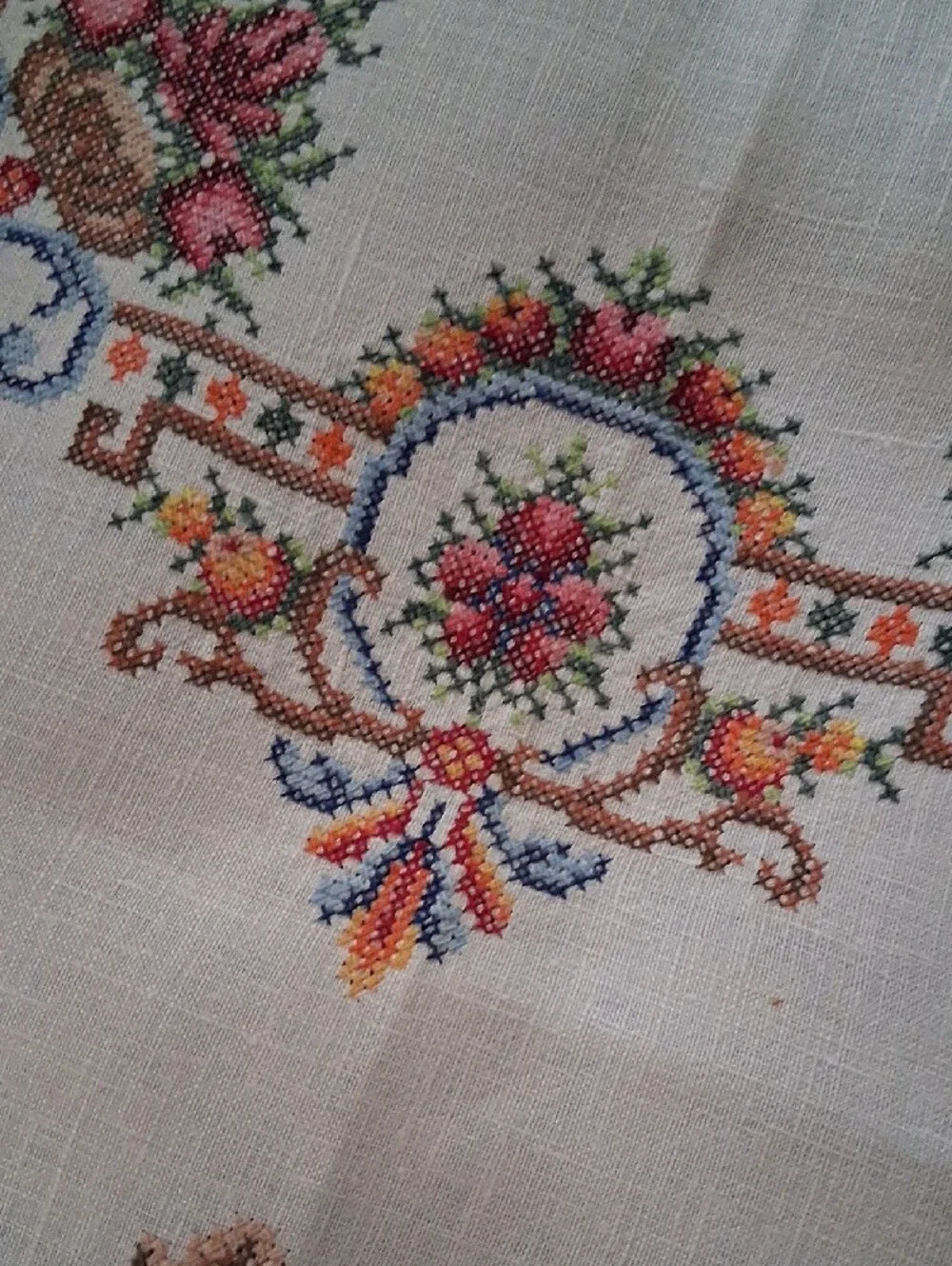 Vintage Cross-stiched Floral Table Linen Set - Cream with Pink & Green Accents